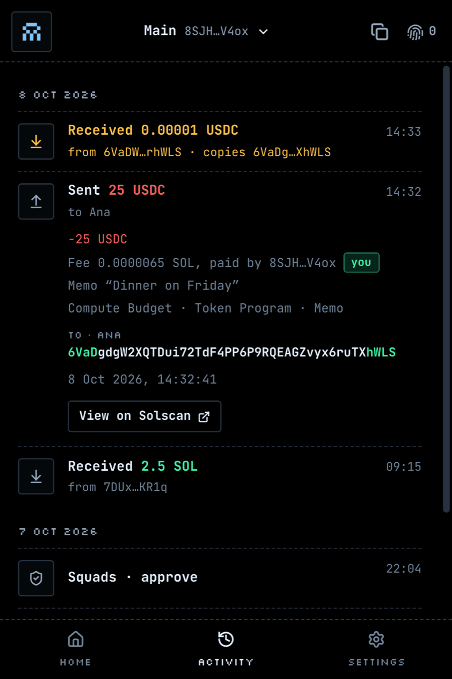 Activity: a payment to Ana opened, with its fee, memo, programs and full address; above it, dust from a lookalike address, flagged