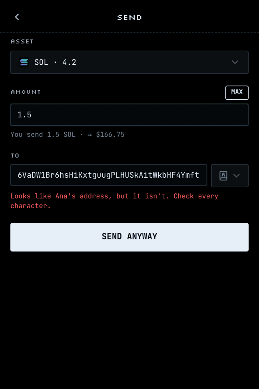 Send: an address that only looks like Ana's, caught